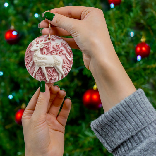 3D Embroidered Pink Christmas Deer #1 Ceramic Ornament | Home Decor | Ceramic, Christmas, Glossy, Halloween, Holiday Picks, Home & Living, ornament, Ornaments, Seasonal Decorations | Printify