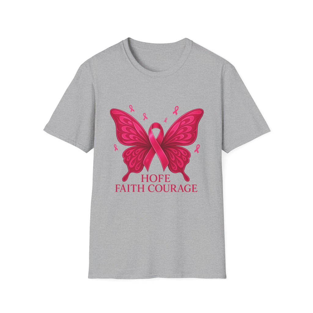 Hope Butterfly T-Shirt, Breast Cancer Awareness Tee, Faith Courage Shirt, Unisex Softstyle T-Shirt, Pink Ribbon Apparel
