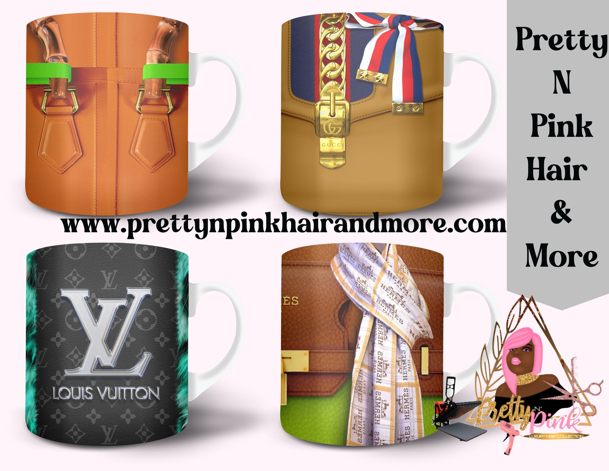 “Name Brand Purse-inspired reusable coffee cups with high-fashion print, styled for luxury lovers, available at PrettyNPinkHairandMore.com and Stan Store” Coach, Hermes, LV, MK, YSL