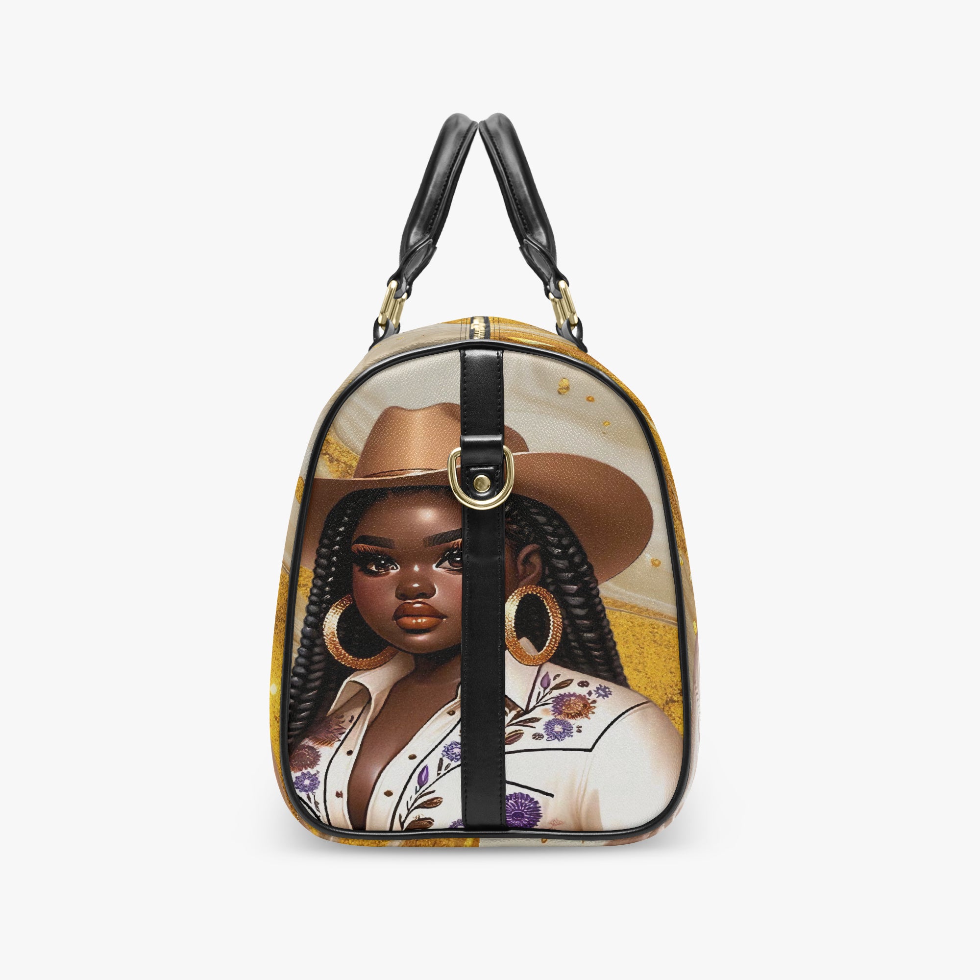 “Western-inspired women’s duffel bag displayed outdoors.”