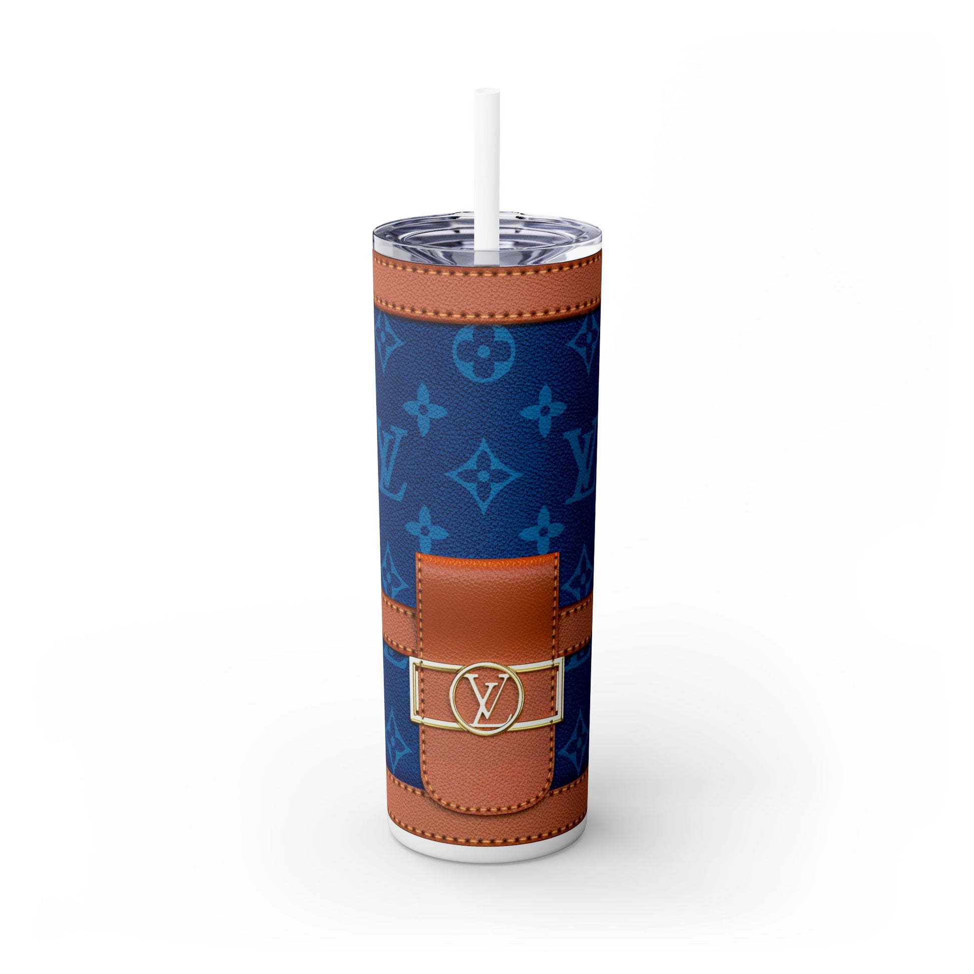 Louie Blue Skinny Tumbler with Straw, 20oz, Purse Tumbler | Mug | 20 oz, Back-to-School, Bottles & Tumblers, Custom Tumbler, Drink, Drinks, Glossy, Home & Living, Matte, Outdoor, purse Tumblers, Stainless steel, Travel, Travel Accessories, Tumblers | Printify