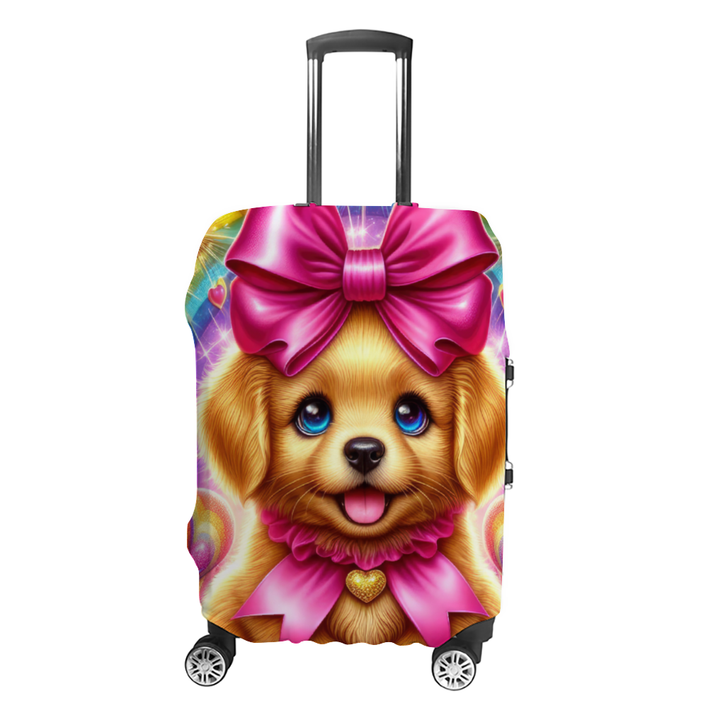 Puppy love themed travel suitcase cover with heart and dog design