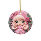 3D Embroidered Pink Christmas Elf Ceramic Ornament