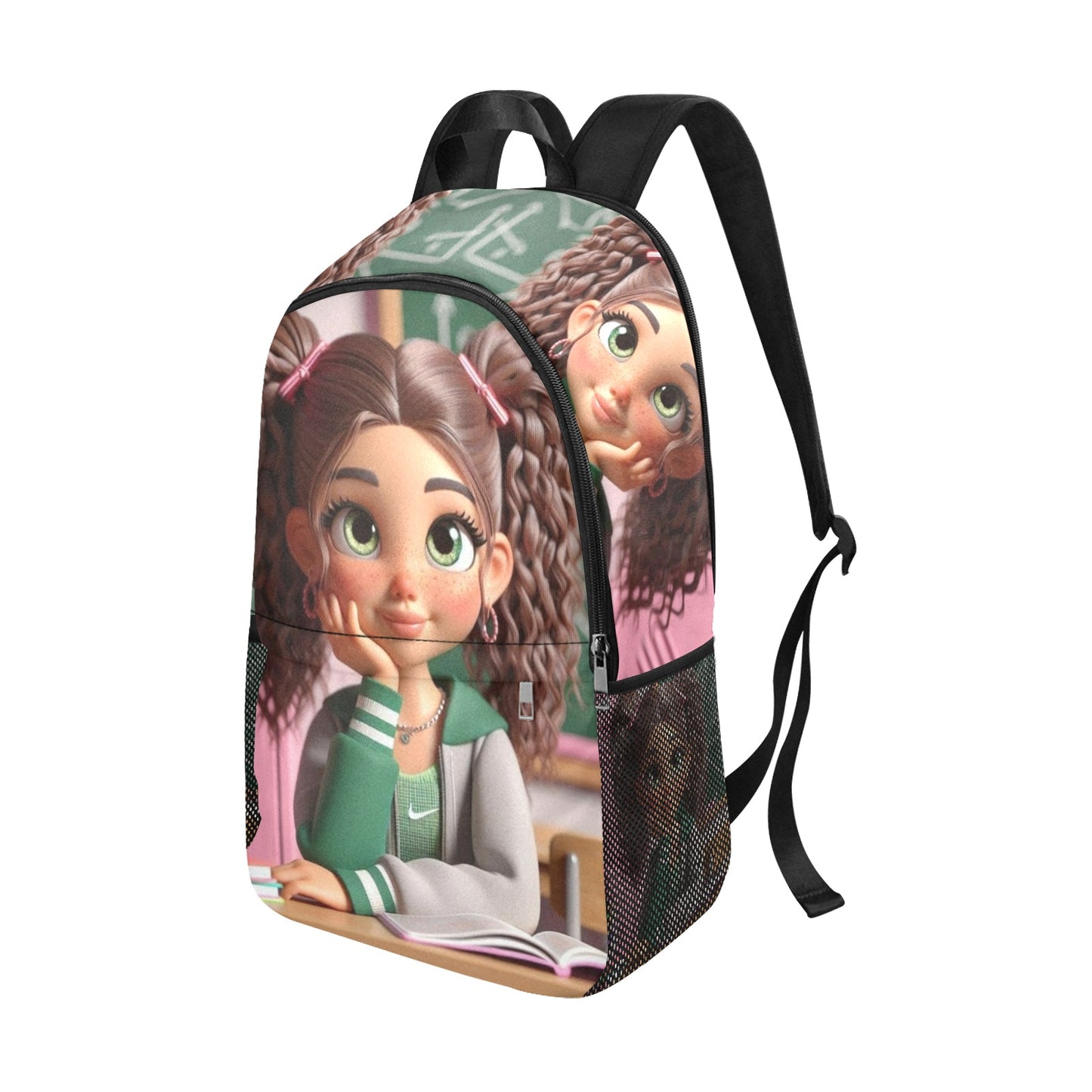 Caucasian Girl sitting at Desk Backpack Fabric Backpack with Side Mesh Pockets