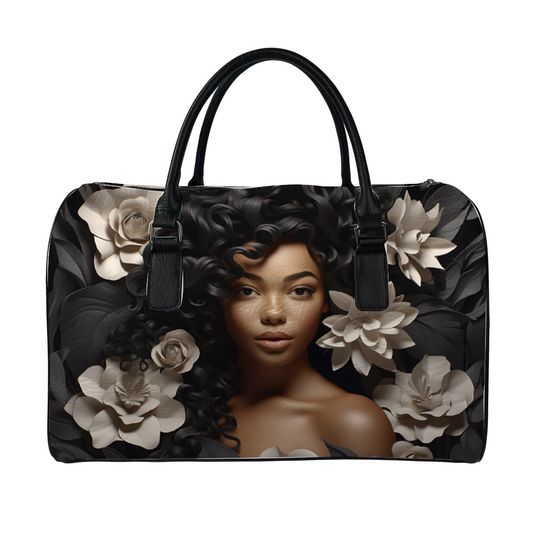 Black Women Flower Tan PU Leather Travel Bag Gym Bag Duffel Bags | ThisNew