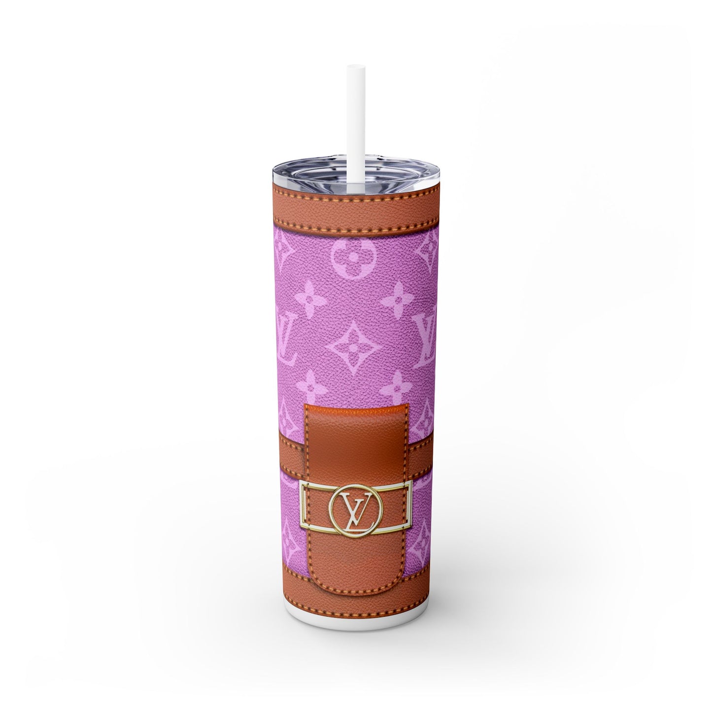 Light Pink Louie Skinny Tumbler with Straw, 20oz | Mug | 20 oz, Back-to-School, Bottles & Tumblers, Drink, Drinks, Glossy, Home & Living, LV Purse Tumbler, Matte, Outdoor, Purse Tumblers, Stainless steel, Travel, Travel Accessories, Tumblers | Printify