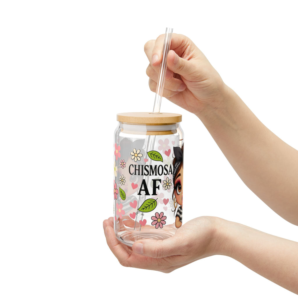 Chismosita AF Sipper Glass, Cute Drinking Jar, Summer Beverage Tumbler, Floral Design, Perfect Gift Idea