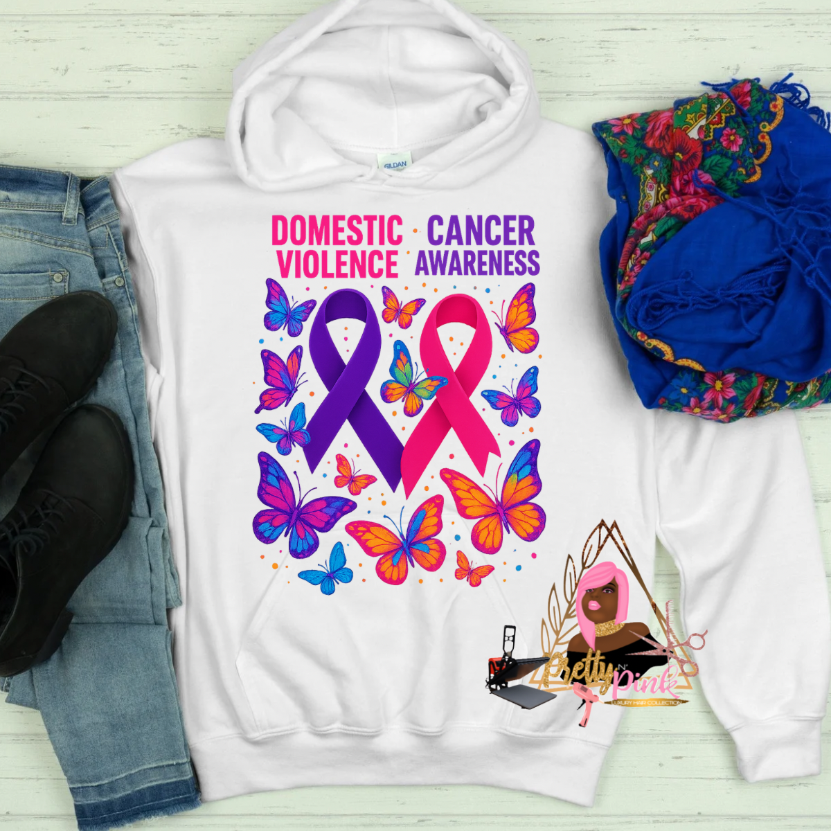 Cancer Awareness Shirts:

“Unisex black cancer awareness shirt with pink ribbon design”

“Close-up of breast cancer awareness tee – wear hope, fight cancer”

“Group wearing matching cancer awareness shirts at charity walk”

“Cancer survivor wearing personalized awareness t-shirt”

Domestic Violence Awareness Hoodies:

“Purple hoodie with domestic violence awareness slogan and ribbon”

“Back view of hoodie with empowering message to support survivors”

“Model wearing Stop Domestic Violence hoodie in casual s