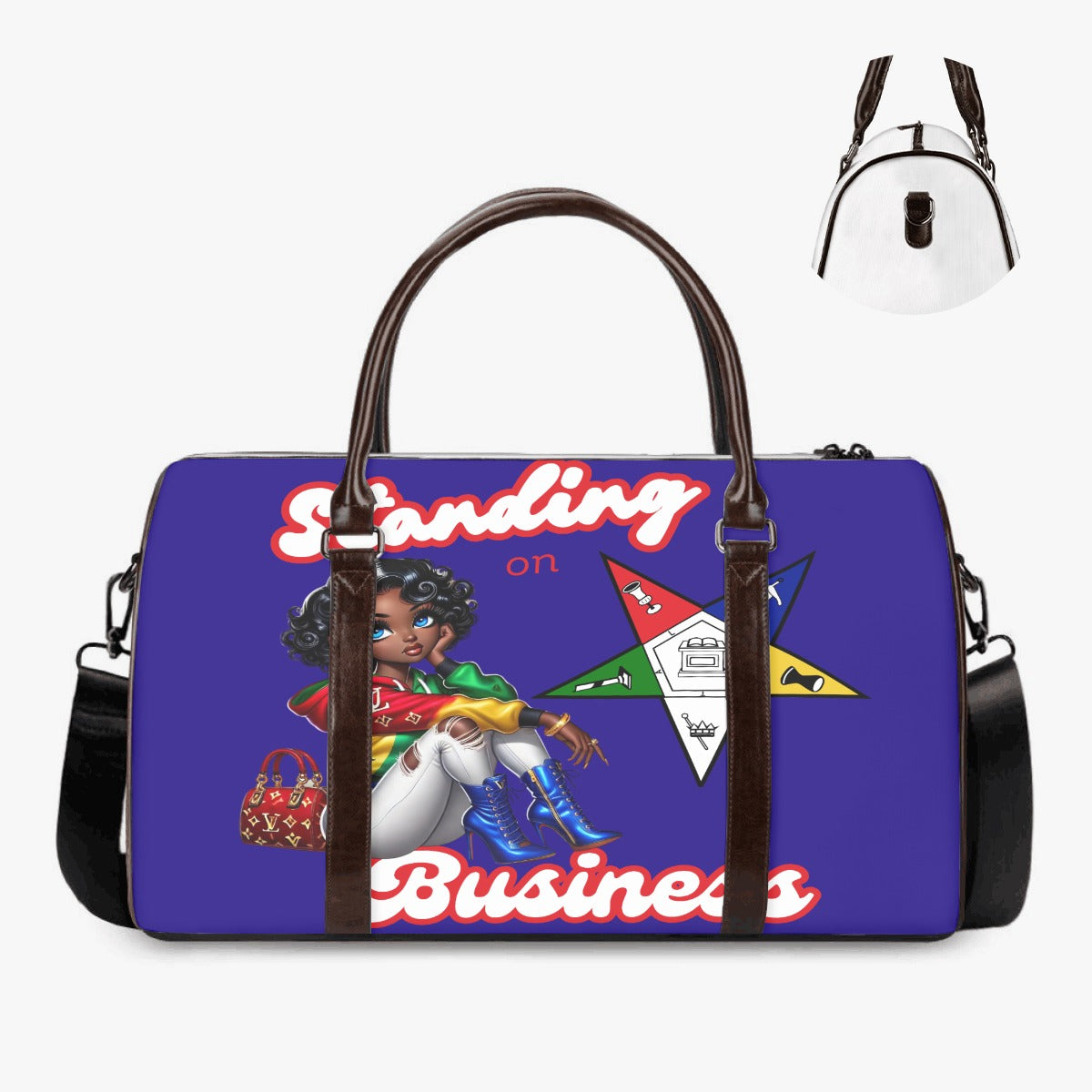 A blue duffle bag with character illustrations and the text 'Standing on Business'. It has brown leather-like accents, a white shoulder strap, and the brand's logo.