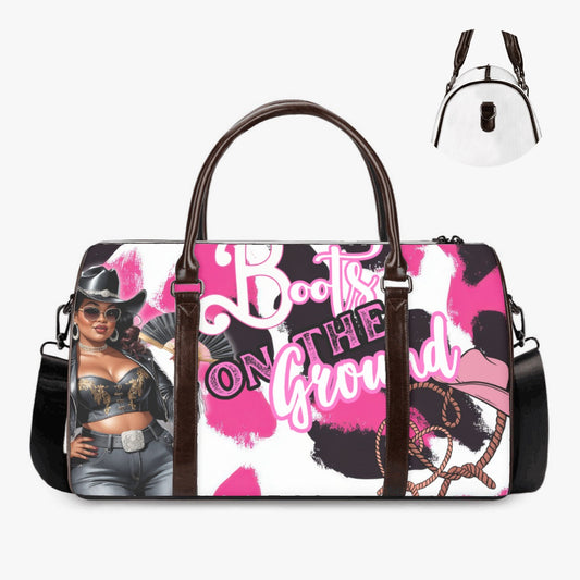 Duffle bag with a graphic design featuring a person in a cowboy outfit and text on a white background.
