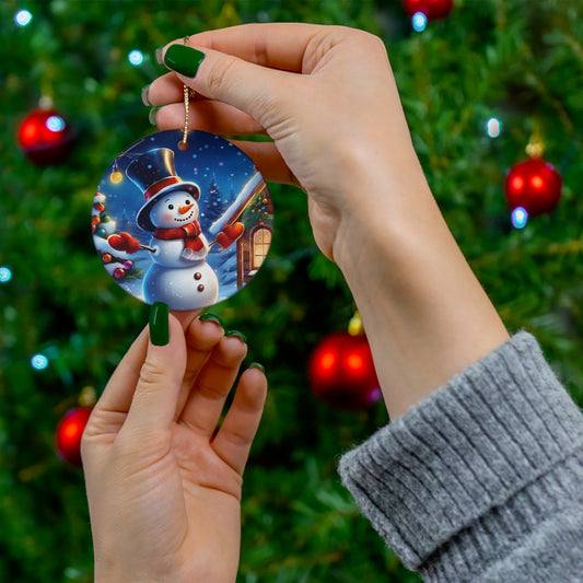 Blue Snowman Christmas Series #3, Holiday Ceramic Ornament,