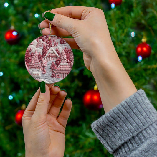 3D Embroidered Pink Christmas Landscape Ceramic Ornament | Home Decor | Ceramic, Christmas, Glossy, Halloween, Holiday Picks, Home & Living, ornament, Ornaments, Seasonal Decorations | Printify