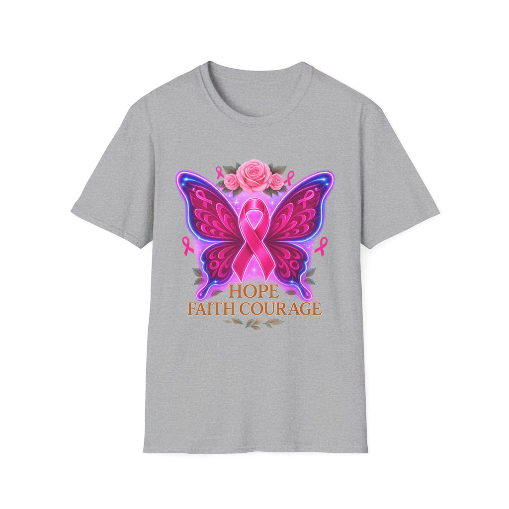 Hope Courage Butterfly T-Shirt, Breast Cancer Awareness Tee, Gift for Supporters, Unisex Softstyle Shirt, Inspirational Graphic Tee