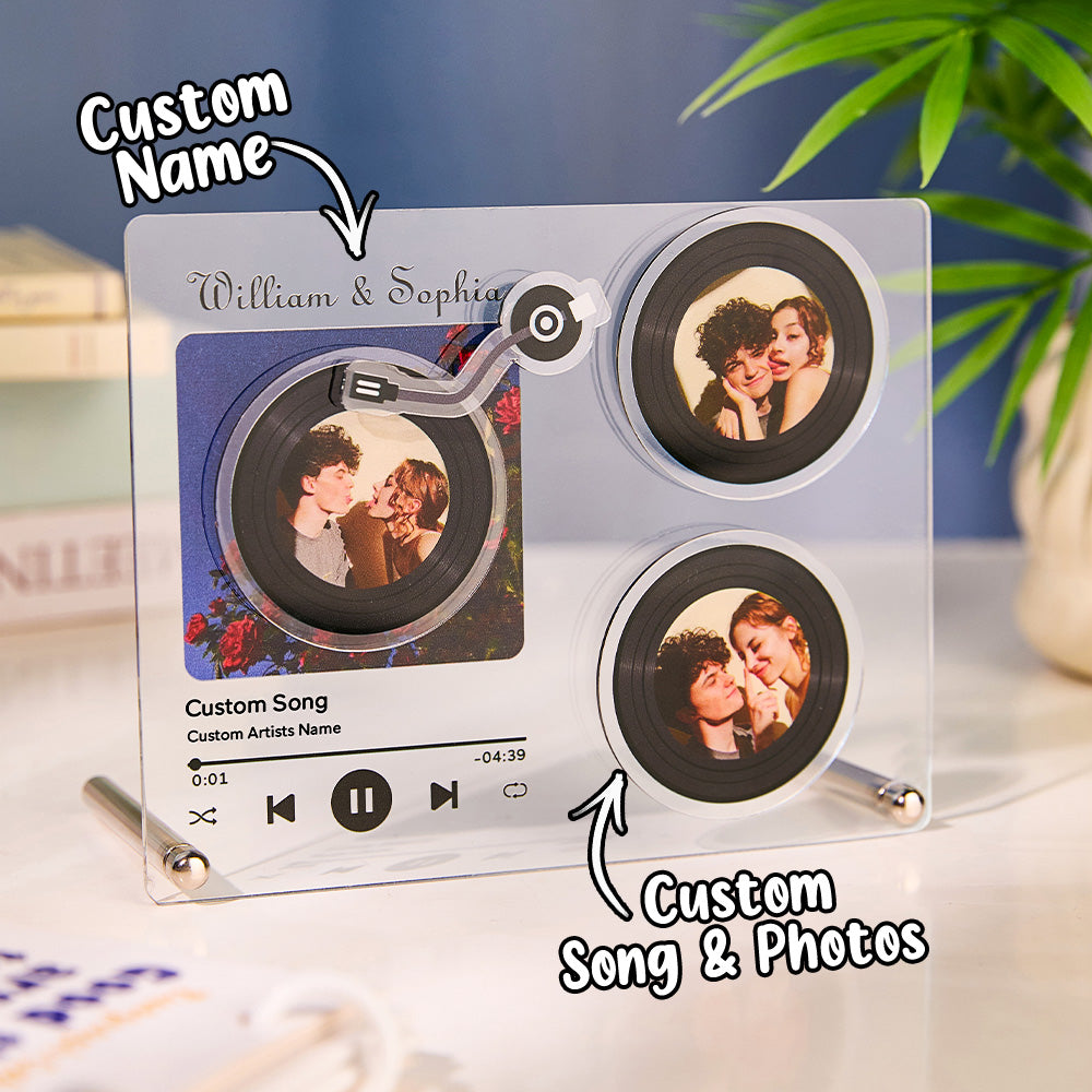 Personalized rotatable music record plaque with custom photos and NFC for lovers, acrylic material.