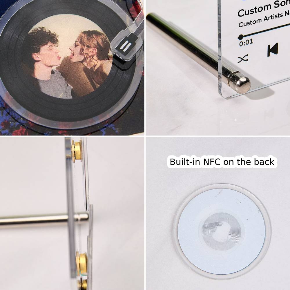 Personalized acrylic NFC music record plaque with photo and tap-to-play NFC, a unique gift for lovers.