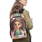 Caucasian Girl sitting at Desk Backpack Fabric Backpack with Side Mesh Pockets