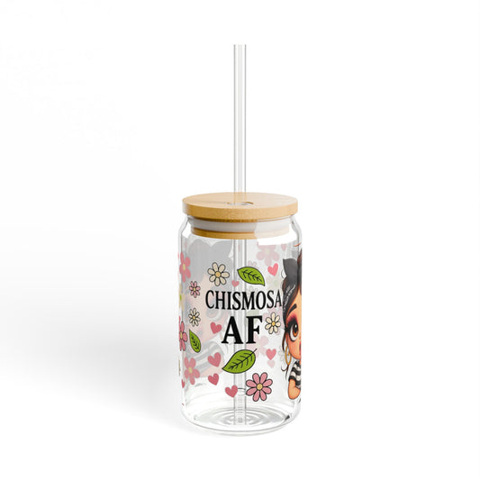 Chismosita AF Sipper Glass, Cute Drinking Jar, Summer Beverage Tumbler, Floral Design, Perfect Gift Idea