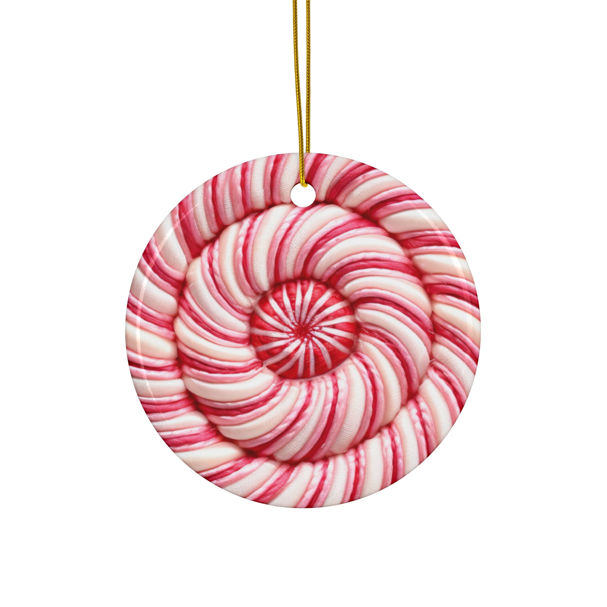3D Embroidered Pink Christmas Swirled Candy Cane Ceramic Ornament