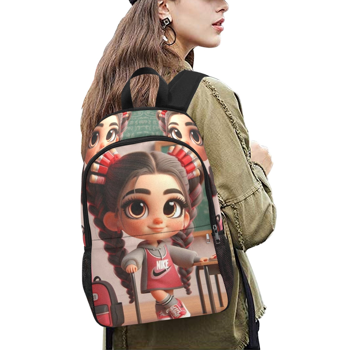 Latina Brown Girl at Locker Backpack Fabric Backpack with Side Mesh Pockets