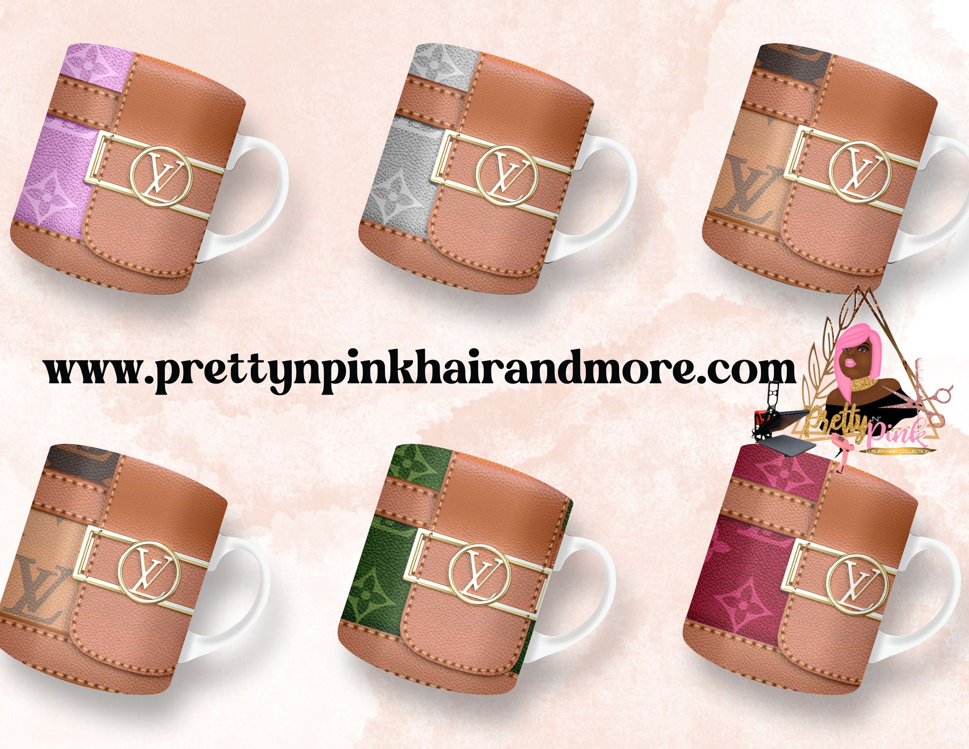 “Name Brand Purse-inspired reusable coffee cups with high-fashion print, styled for luxury lovers, available at PrettyNPinkHairandMore.com and Stan Store” Coach, Hermes, LV, MK, YSL