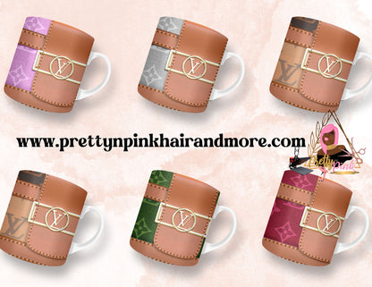 “Name Brand Purse-inspired reusable coffee cups with high-fashion print, styled for luxury lovers, available at PrettyNPinkHairandMore.com and Stan Store” Coach, Hermes, LV, MK, YSL