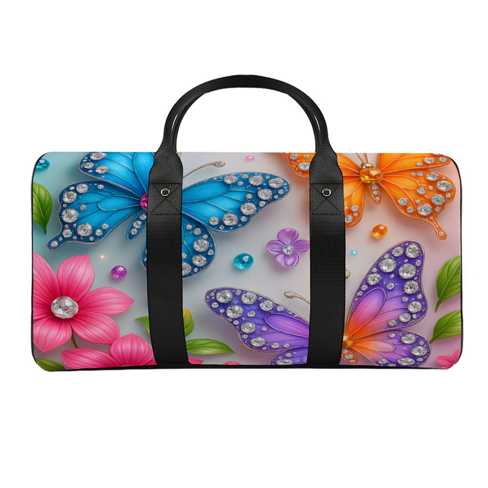 Stylish butterfly print luggage tote with shoulder strap in everyday travel setting
