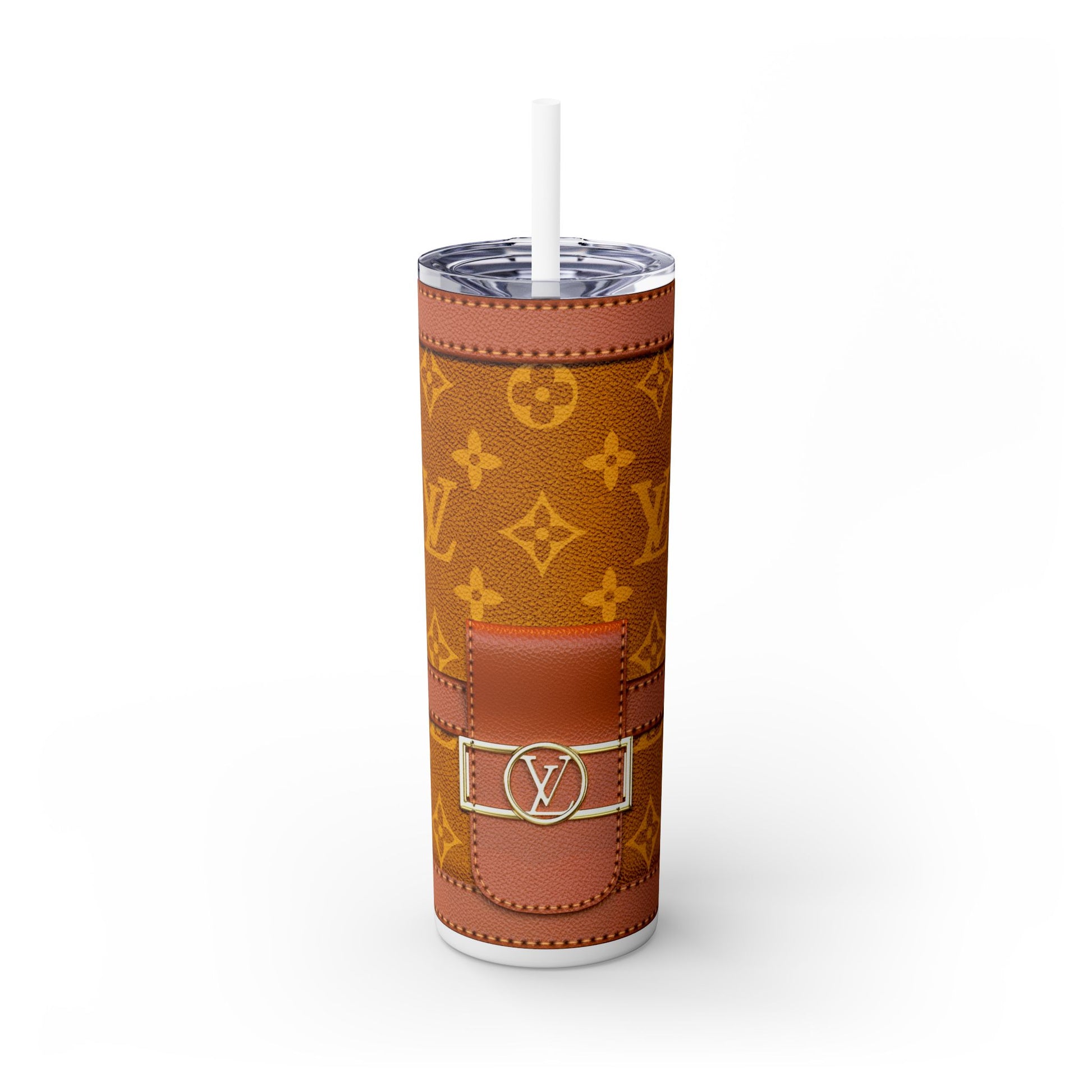 Louie Light Brown Skinny Tumbler with Straw, 20oz | Mug | 20 oz, Back-to-School, Bottles & Tumblers, Drink, Drinks, Glossy, Home & Living, Matte, Outdoor, purse Tumblers, Stainless steel, Travel, Travel Accessories, Tumblers | Printify