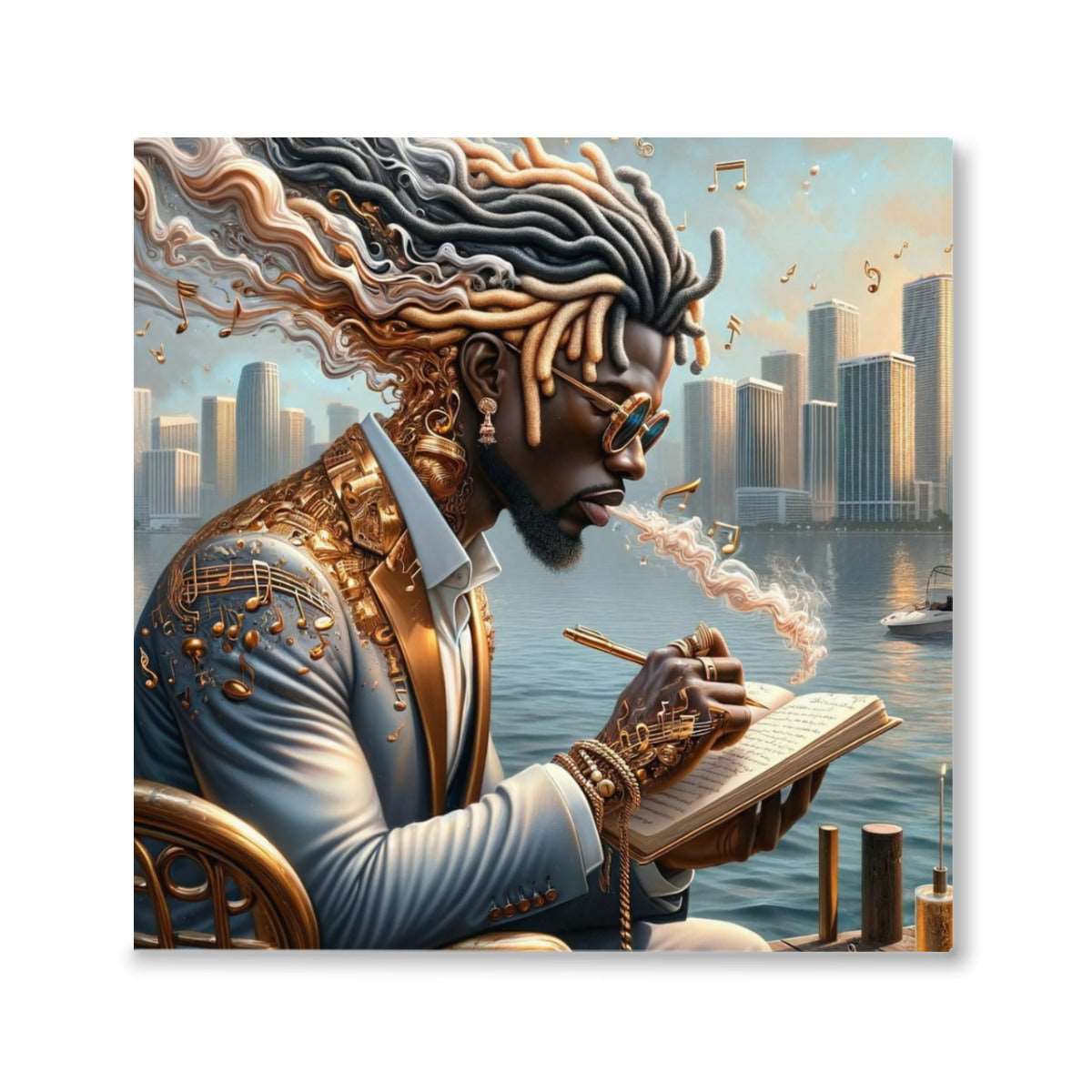 a painting of a woman sitting on a bench 