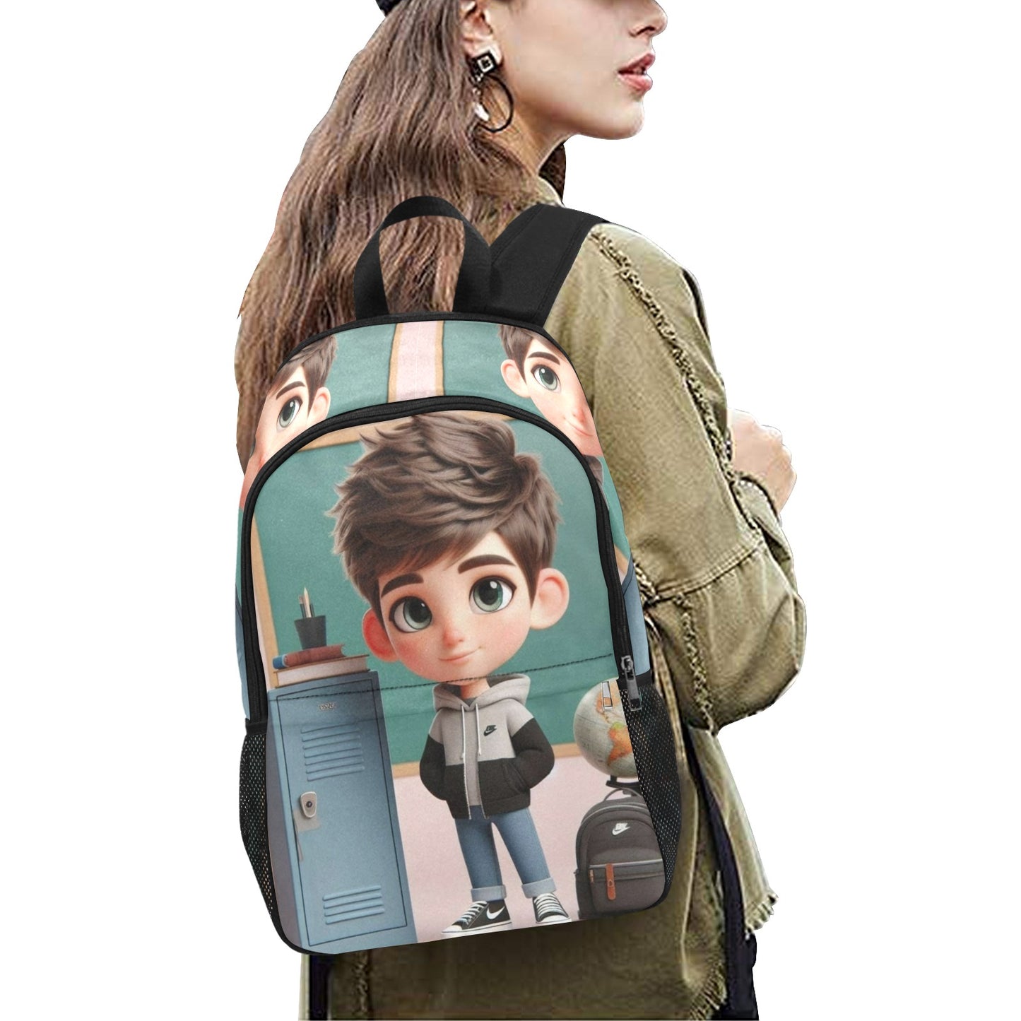 Caucasian Boy By locker Backpack Fabric Backpack with Side Mesh Pockets