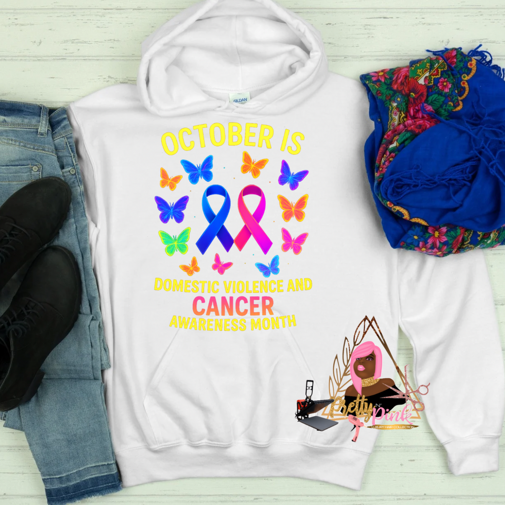 Cancer Awareness Shirts:

“Unisex black cancer awareness shirt with pink ribbon design”

“Close-up of breast cancer awareness tee – wear hope, fight cancer”

“Group wearing matching cancer awareness shirts at charity walk”

“Cancer survivor wearing personalized awareness t-shirt”

Domestic Violence Awareness Hoodies:

“Purple hoodie with domestic violence awareness slogan and ribbon”

“Back view of hoodie with empowering message to support survivors”

“Model wearing Stop Domestic Violence hoodie in casual s