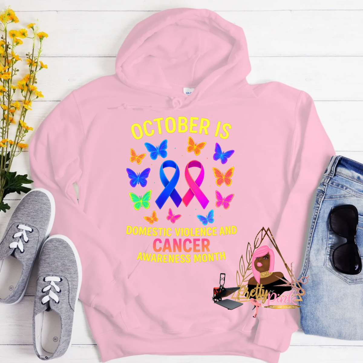Cancer Awareness Shirts:

“Unisex black cancer awareness shirt with pink ribbon design”

“Close-up of breast cancer awareness tee – wear hope, fight cancer”

“Group wearing matching cancer awareness shirts at charity walk”

“Cancer survivor wearing personalized awareness t-shirt”

Domestic Violence Awareness Hoodies:

“Purple hoodie with domestic violence awareness slogan and ribbon”

“Back view of hoodie with empowering message to support survivors”

“Model wearing Stop Domestic Violence hoodie in casual s