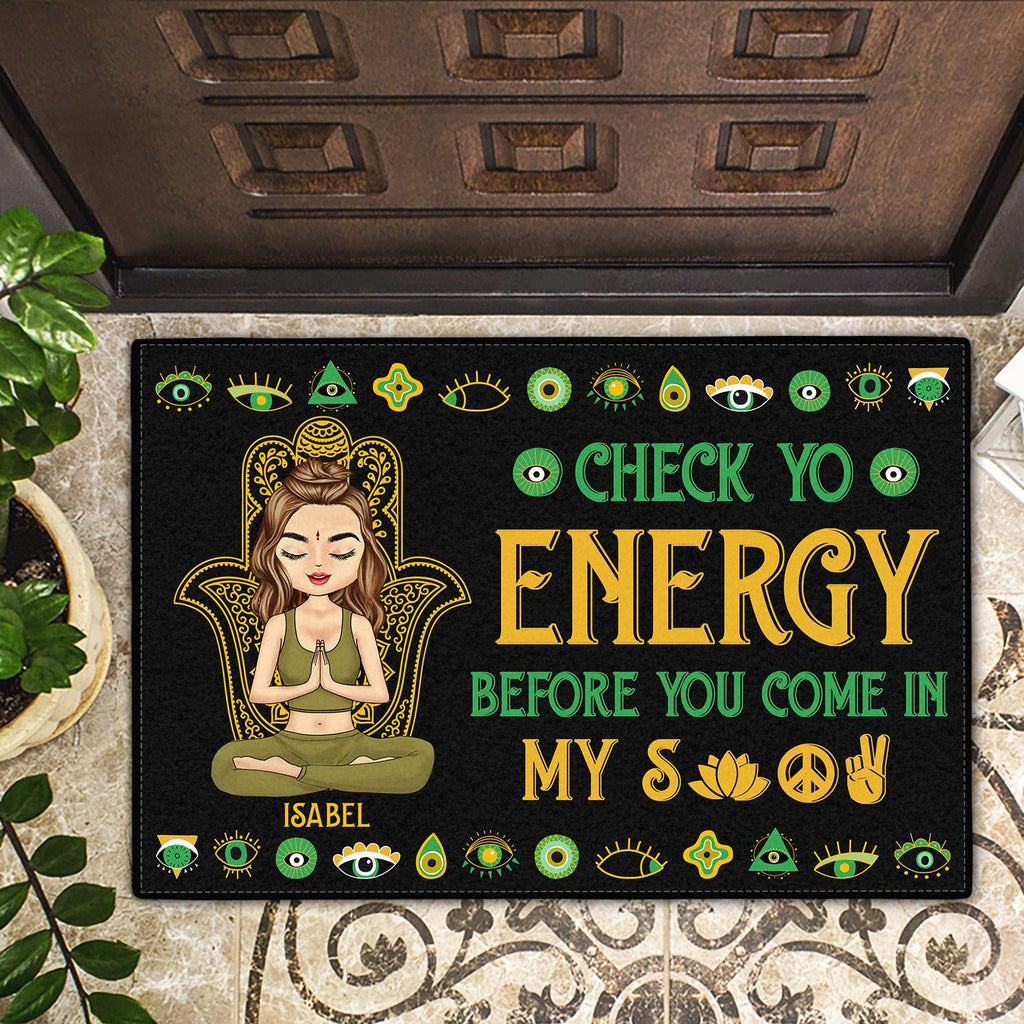 Personalized doormat with meditating woman and 'Check Yo Energy' quote, yoga gift.