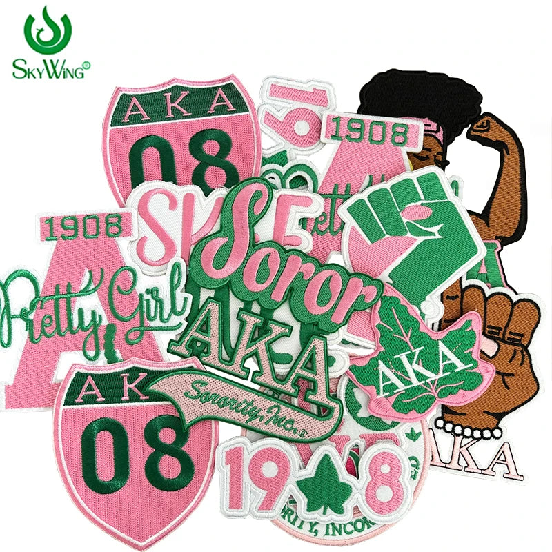 Iron on Embroidery Patches for Soror Girls, Alpha Kappa Alpha Sorority, Pink &Green AKA, Pretty Girl, SkeeWee, Ivy Leaf | Pretty N Pink Hair & More