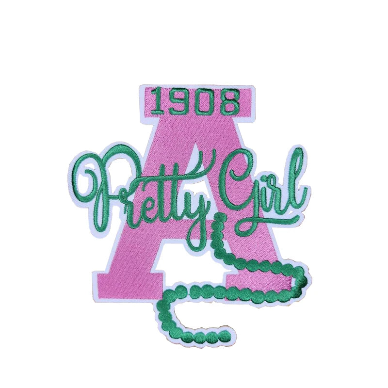 Iron on Embroidery Patches for Soror Girls, Alpha Kappa Alpha Sorority, Pink &Green AKA, Pretty Girl, SkeeWee, Ivy Leaf