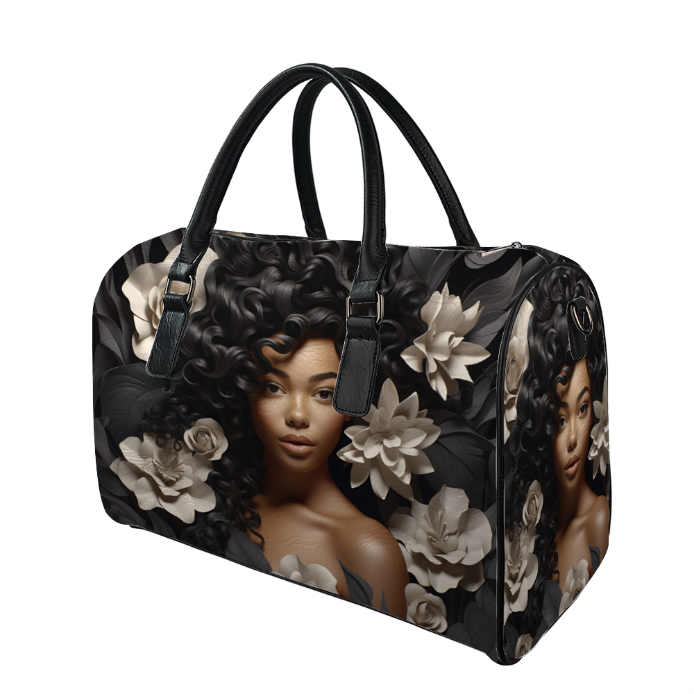 Black Women Flower Tan PU Leather Travel Bag Gym Bag Duffel Bags