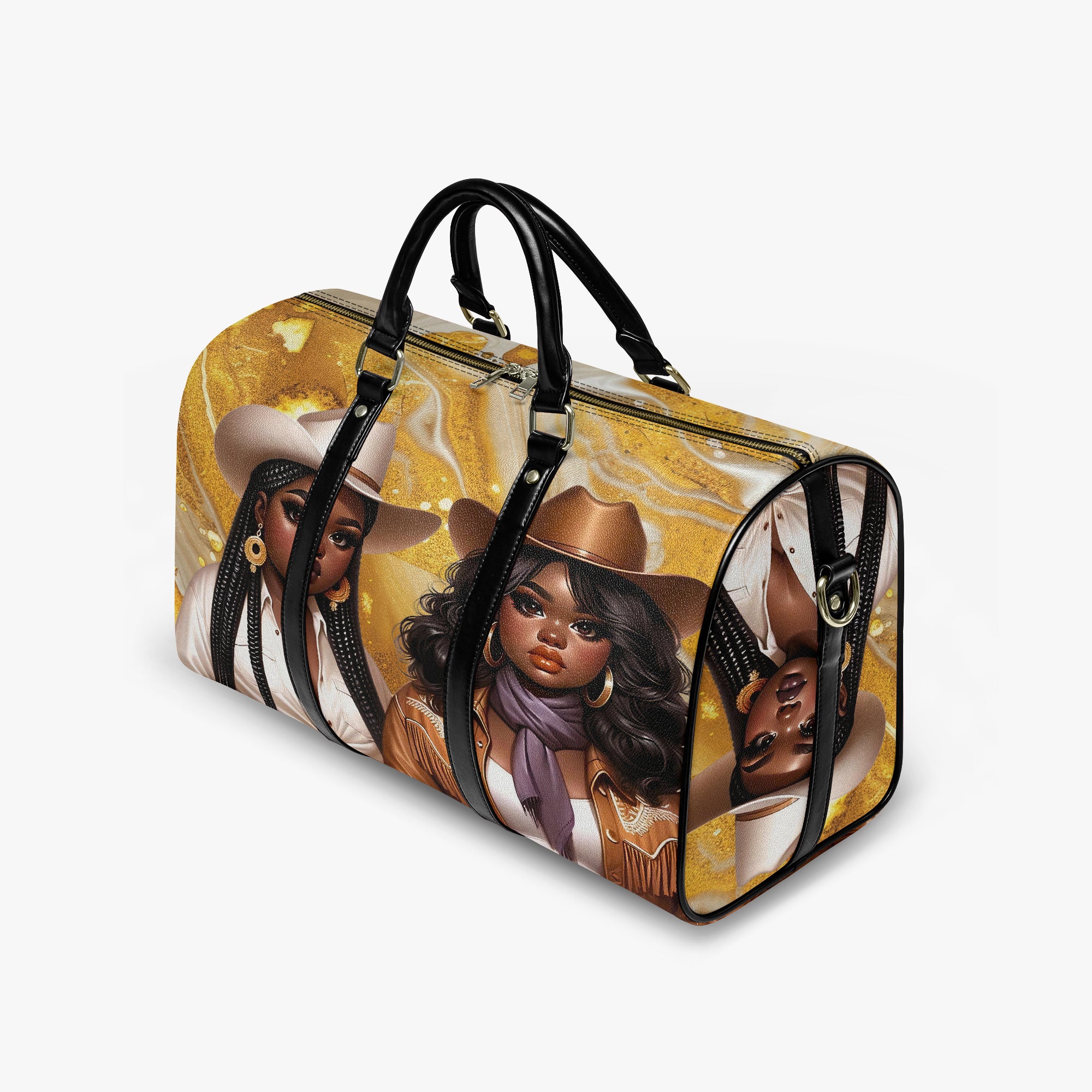 “Western-inspired women’s duffel bag displayed outdoors.”