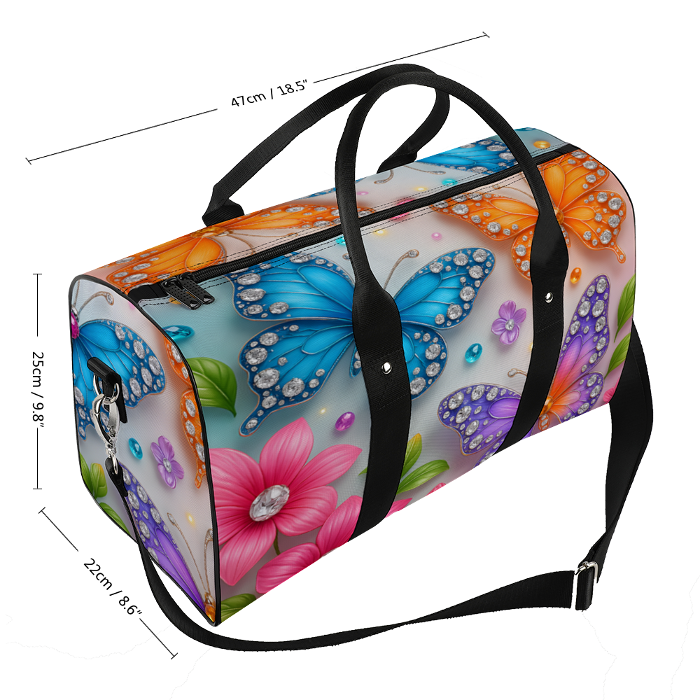 Colorful gemstone butterfly and floral print on women's travel tote bag