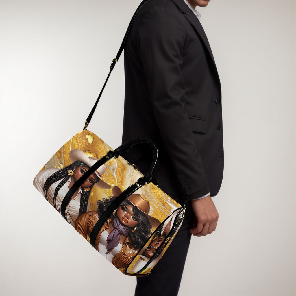 “Western-inspired women’s duffel bag displayed outdoors.”