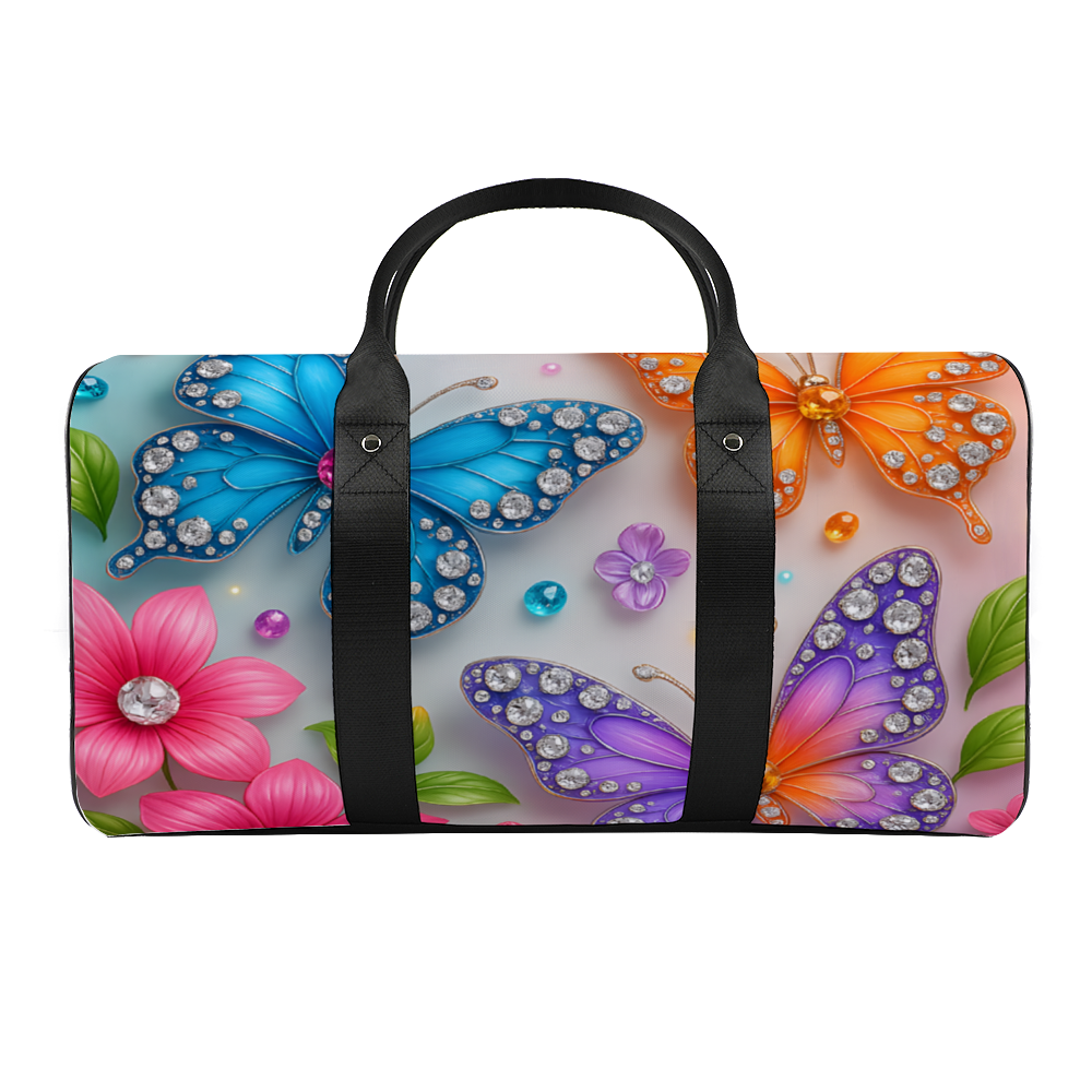 Stylish butterfly print luggage tote with shoulder strap in everyday travel setting