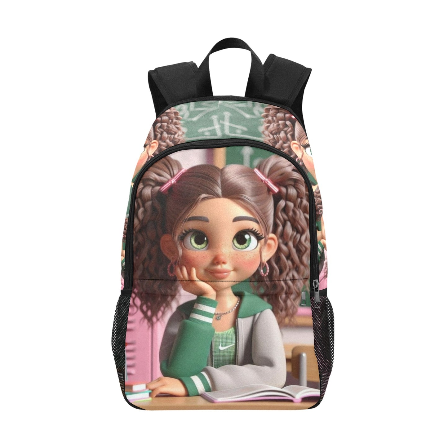 Caucasian Girl sitting at Desk Backpack Fabric Backpack with Side Mesh Pockets