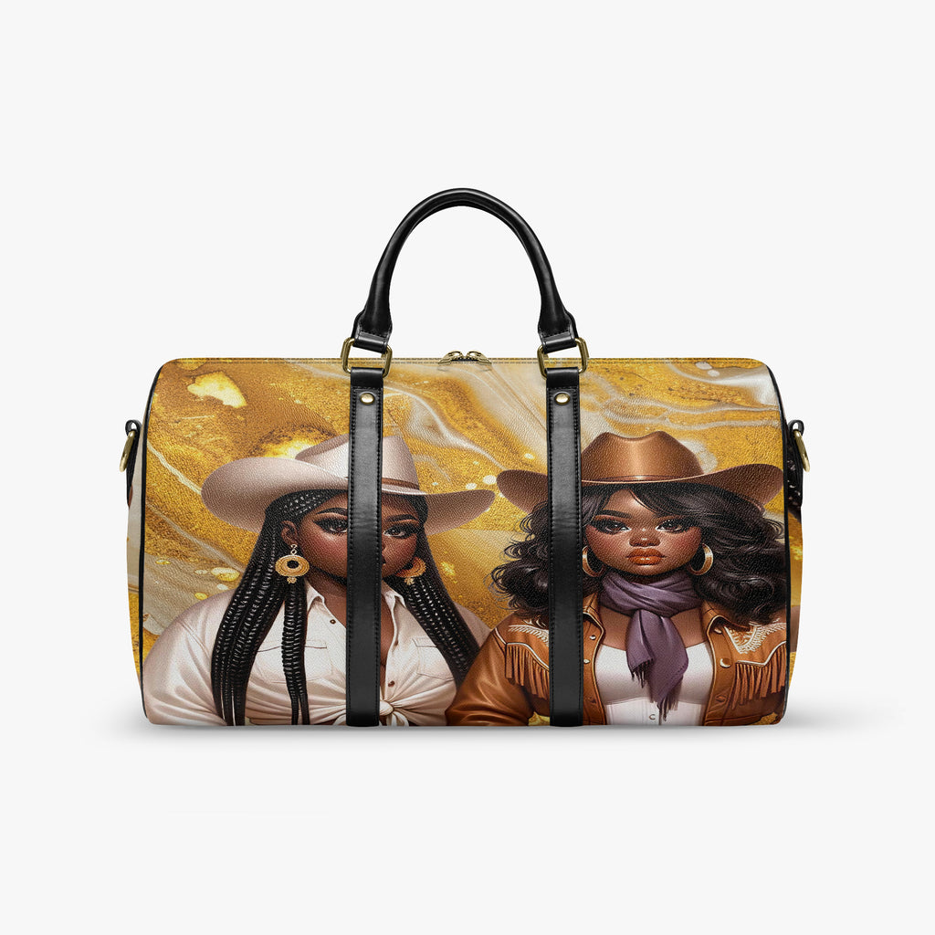 “Western-inspired women’s duffel bag displayed outdoors.”