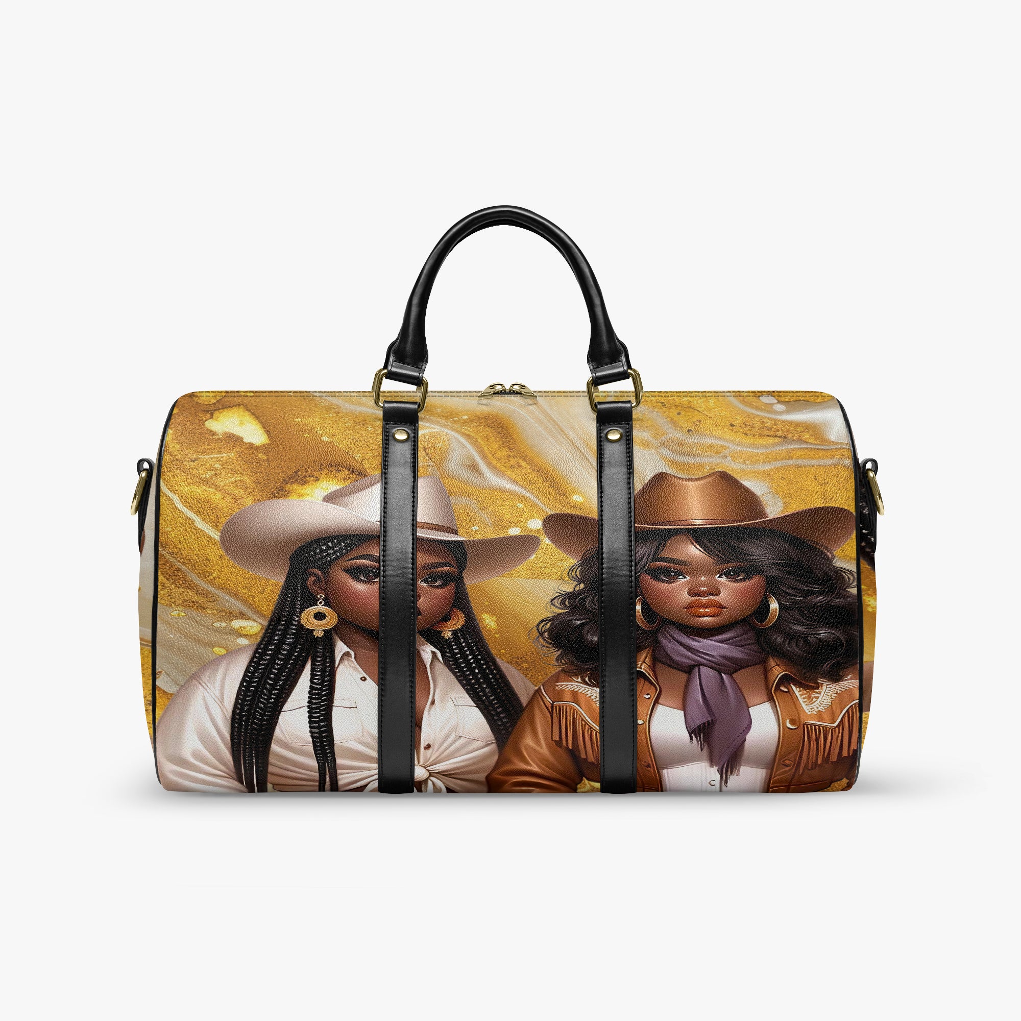 “Western-inspired women’s duffel bag displayed outdoors.”