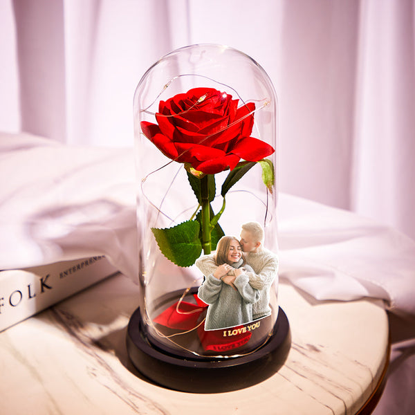 Custom Photo Text Led Night Light Glass Cover Eternal Red Rose Flower Home Desktop Decoration | Inkedjoy