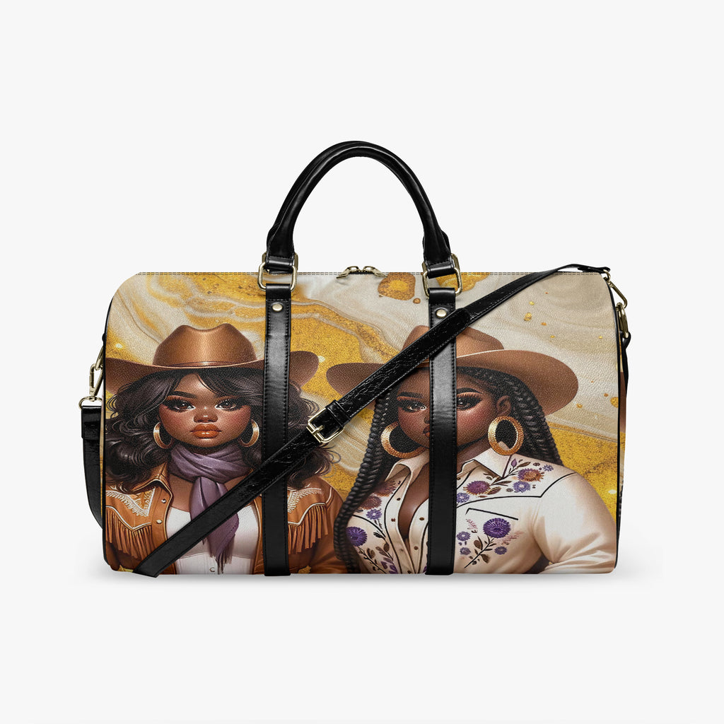 “Western-inspired women’s duffel bag displayed outdoors.”
