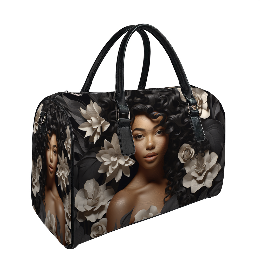 Black Women Flower Tan PU Leather Travel Bag Gym Bag Duffel Bags