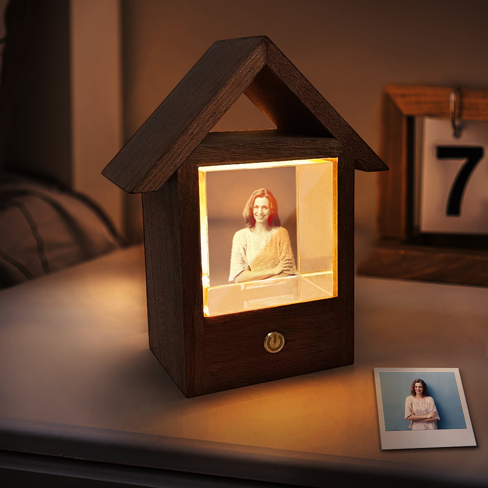 Custom 3D Crystal Photo Lamp Wooden House Night Light | Inkedjoy