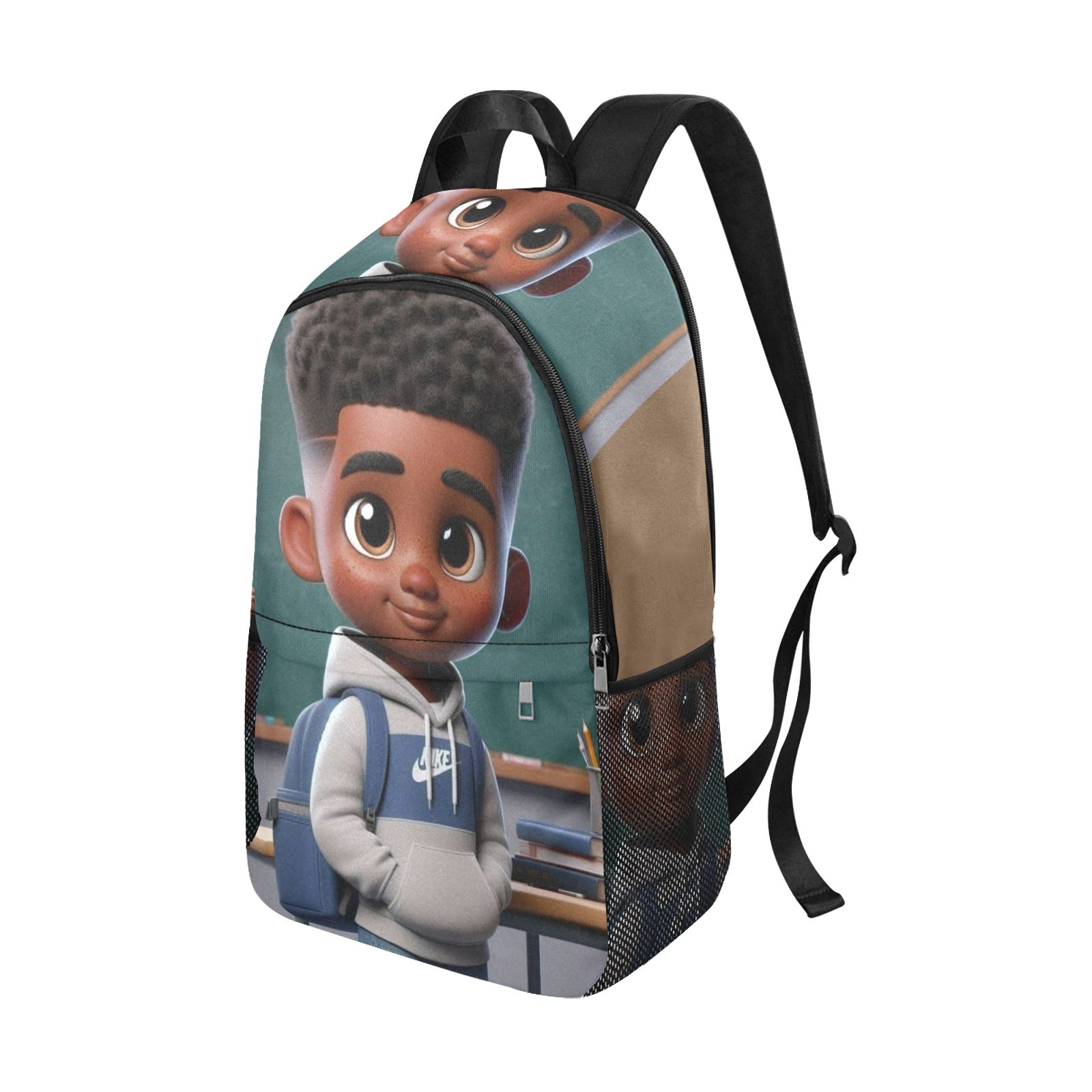 African American Boy Fabric Backpack with Side Mesh Pockets