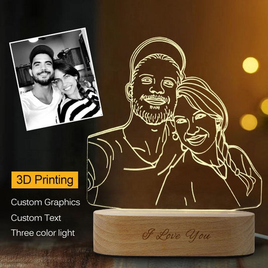 Custom Any Shape 3D Acrylic Lamp Picture Night Light With Engraved Wooden Base | Inkedjoy