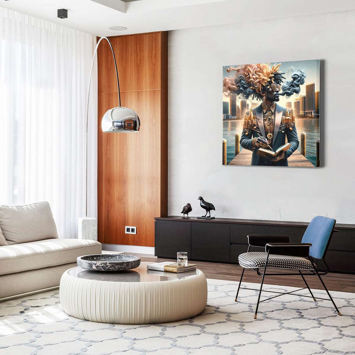 a living room filled with furniture and a window 