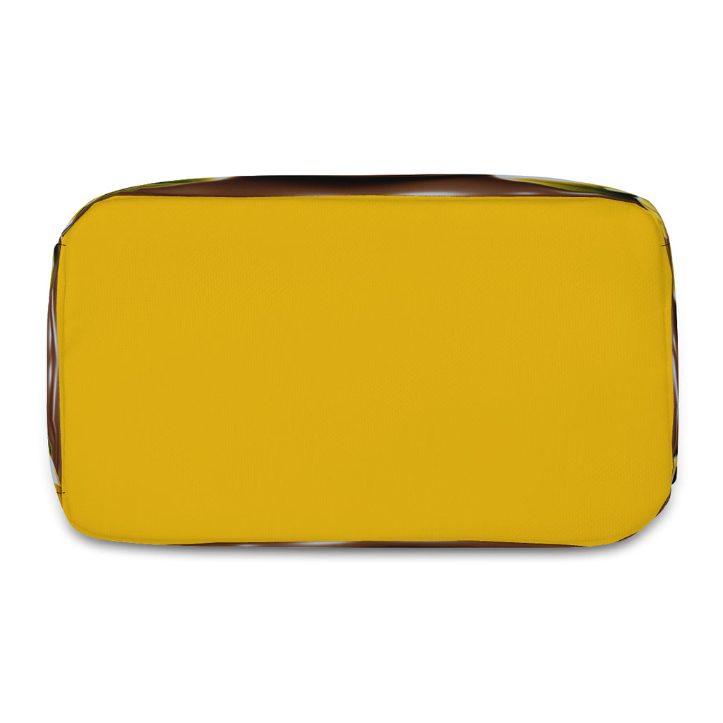 a yellow suitcase sitting on a white surface 